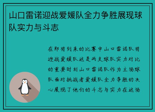 山口雷诺迎战爱媛队全力争胜展现球队实力与斗志
