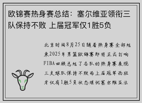 欧锦赛热身赛总结：塞尔维亚领衔三队保持不败 上届冠军仅1胜5负