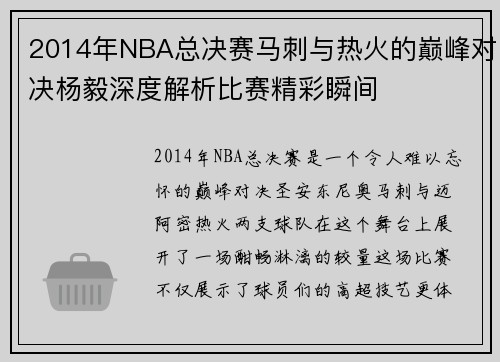 2014年NBA总决赛马刺与热火的巅峰对决杨毅深度解析比赛精彩瞬间